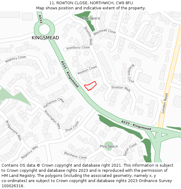11, ROWTON CLOSE, NORTHWICH, CW9 8FU: Location map and indicative extent of plot