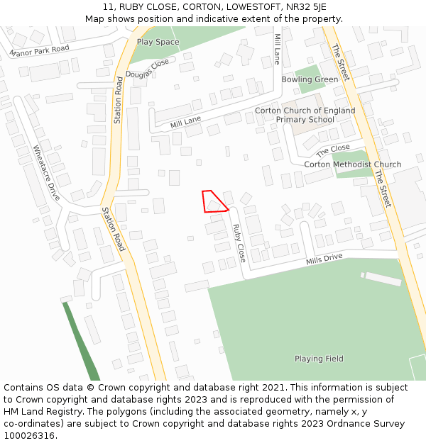 11, RUBY CLOSE, CORTON, LOWESTOFT, NR32 5JE: Location map and indicative extent of plot