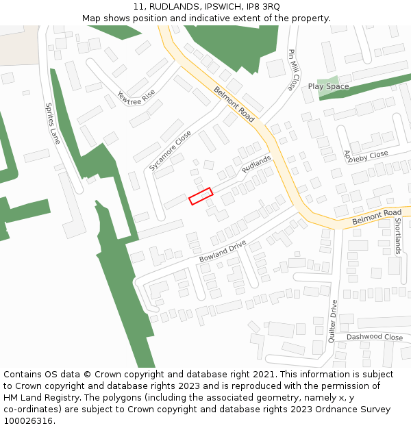 11, RUDLANDS, IPSWICH, IP8 3RQ: Location map and indicative extent of plot