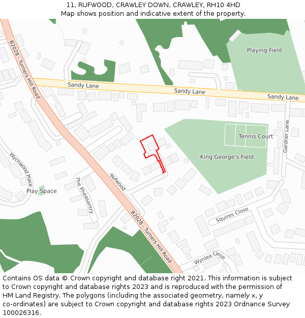 11, RUFWOOD, CRAWLEY DOWN, CRAWLEY, RH10 4HD: Location map and indicative extent of plot