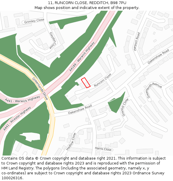 11, RUNCORN CLOSE, REDDITCH, B98 7PU: Location map and indicative extent of plot