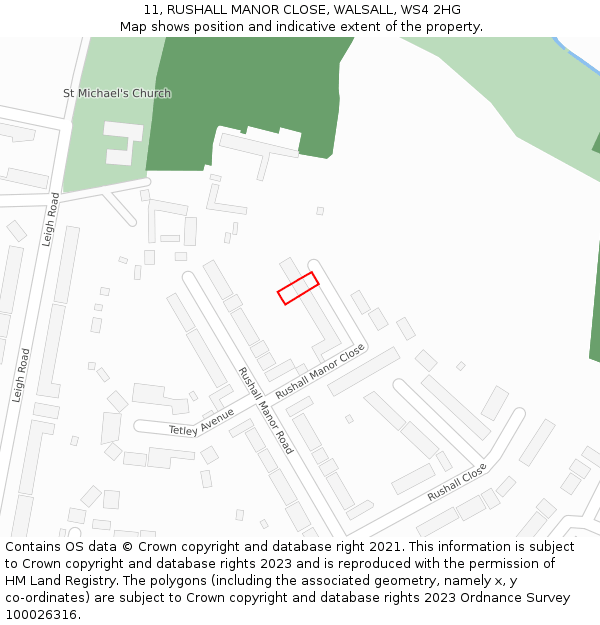 11, RUSHALL MANOR CLOSE, WALSALL, WS4 2HG: Location map and indicative extent of plot