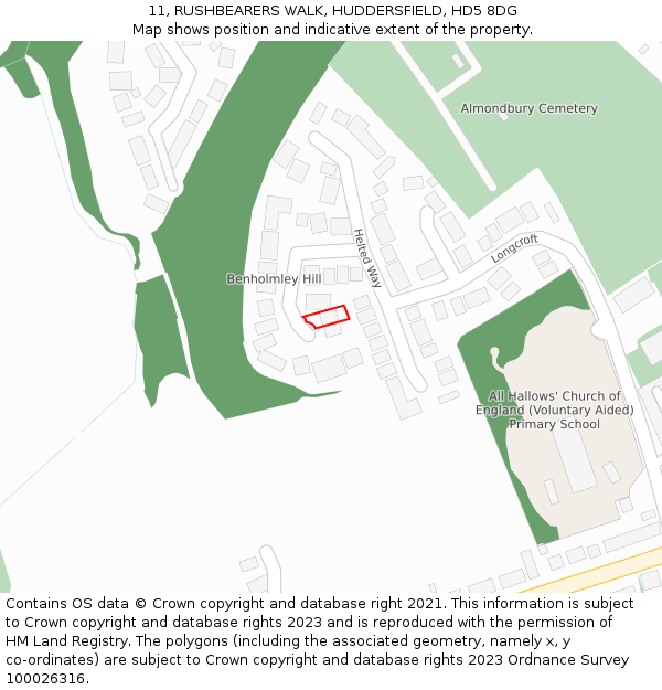 11, RUSHBEARERS WALK, HUDDERSFIELD, HD5 8DG: Location map and indicative extent of plot