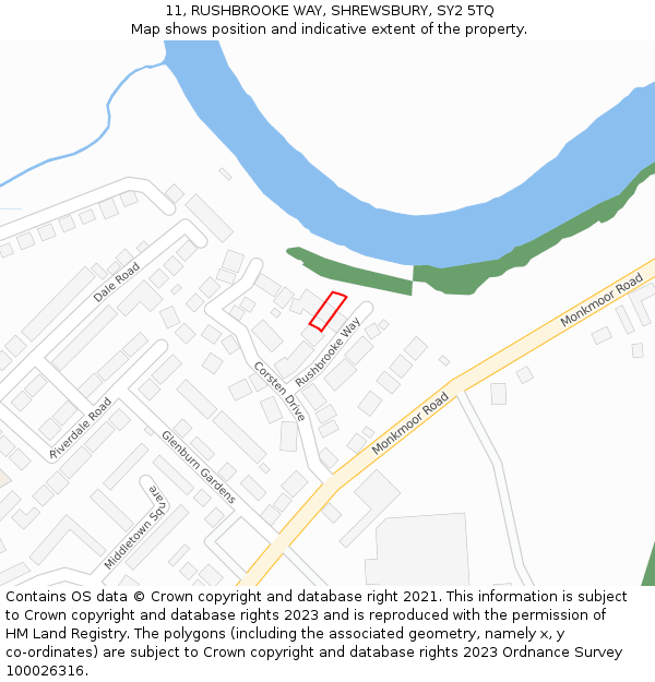 11, RUSHBROOKE WAY, SHREWSBURY, SY2 5TQ: Location map and indicative extent of plot