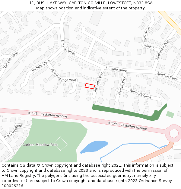 11, RUSHLAKE WAY, CARLTON COLVILLE, LOWESTOFT, NR33 8SA: Location map and indicative extent of plot