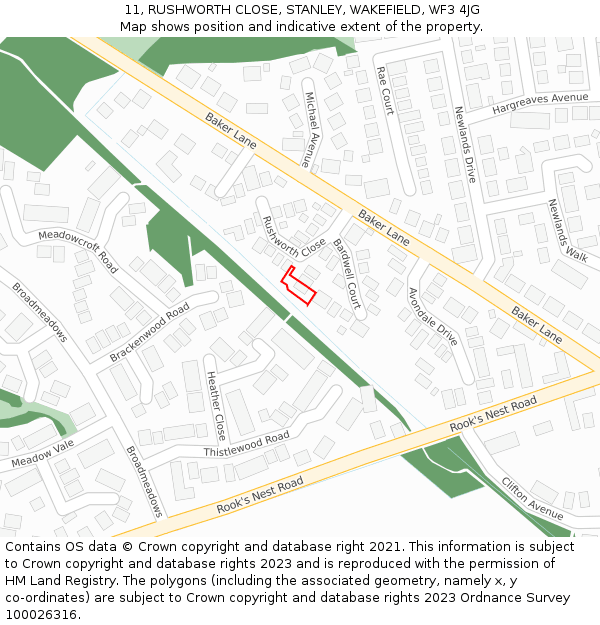 11, RUSHWORTH CLOSE, STANLEY, WAKEFIELD, WF3 4JG: Location map and indicative extent of plot