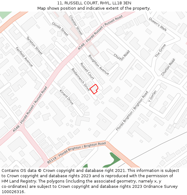 11, RUSSELL COURT, RHYL, LL18 3EN: Location map and indicative extent of plot