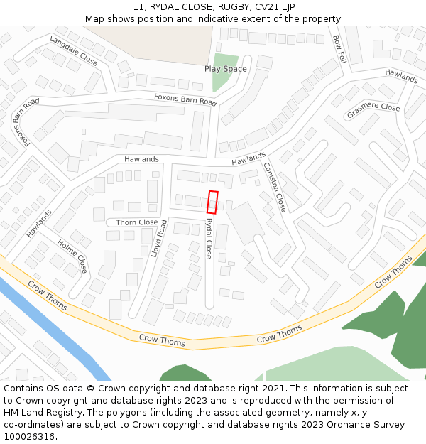 11, RYDAL CLOSE, RUGBY, CV21 1JP: Location map and indicative extent of plot