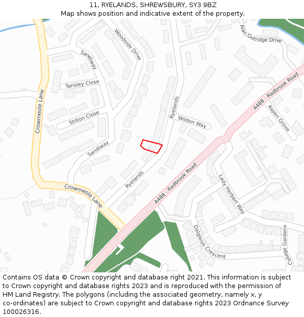 11, RYELANDS, SHREWSBURY, SY3 9BZ: Location map and indicative extent of plot