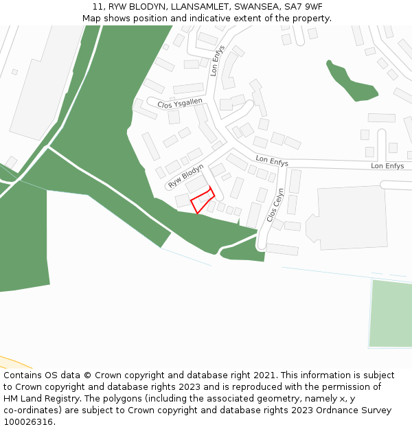 11, RYW BLODYN, LLANSAMLET, SWANSEA, SA7 9WF: Location map and indicative extent of plot