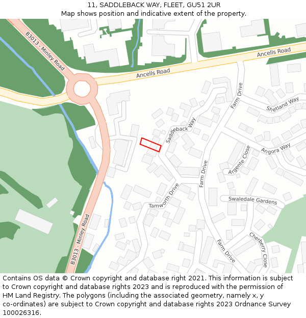 11, SADDLEBACK WAY, FLEET, GU51 2UR: Location map and indicative extent of plot