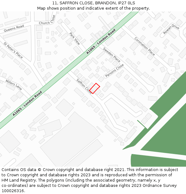 11, SAFFRON CLOSE, BRANDON, IP27 0LS: Location map and indicative extent of plot