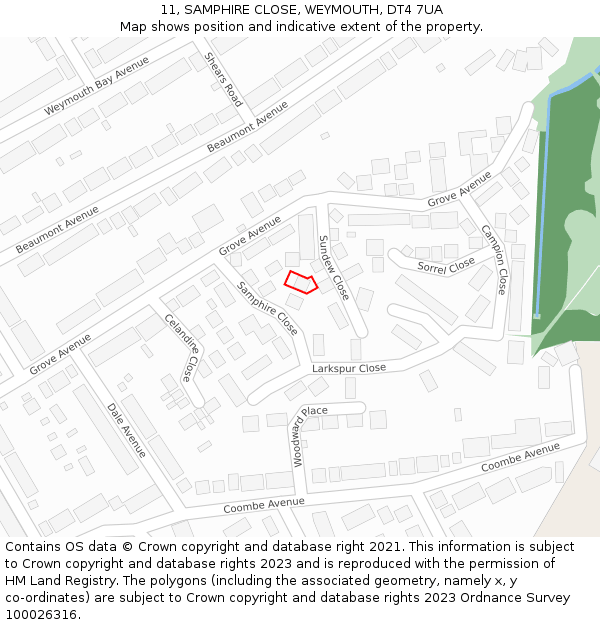 11, SAMPHIRE CLOSE, WEYMOUTH, DT4 7UA: Location map and indicative extent of plot