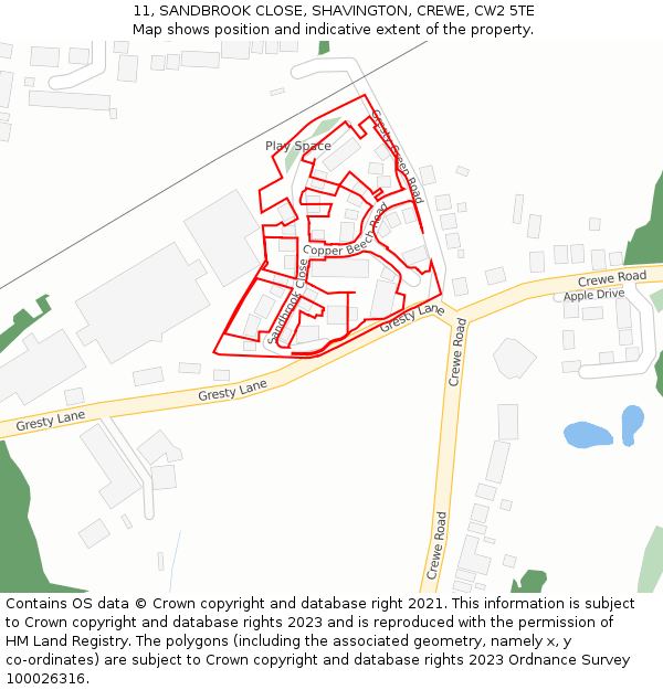 11, SANDBROOK CLOSE, SHAVINGTON, CREWE, CW2 5TE: Location map and indicative extent of plot