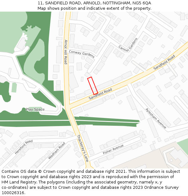 11, SANDFIELD ROAD, ARNOLD, NOTTINGHAM, NG5 6QA: Location map and indicative extent of plot