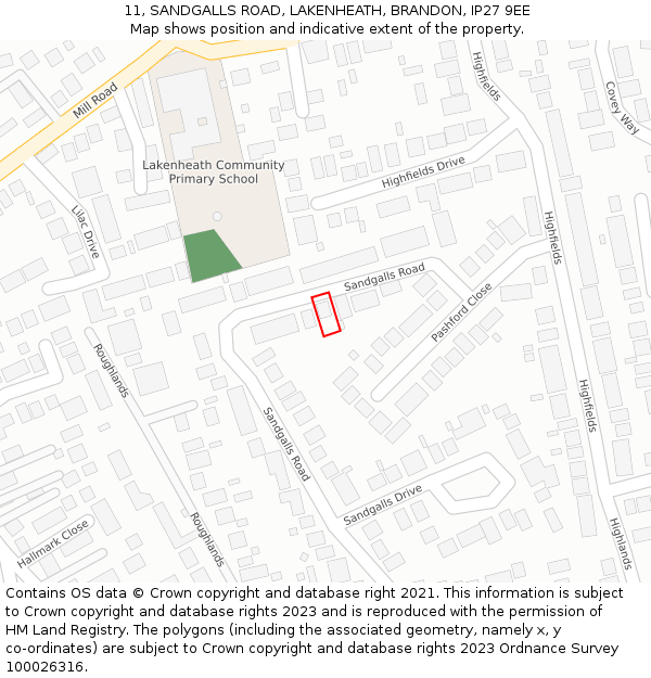 11, SANDGALLS ROAD, LAKENHEATH, BRANDON, IP27 9EE: Location map and indicative extent of plot