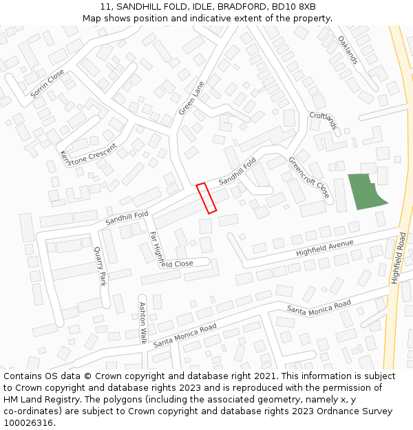 11, SANDHILL FOLD, IDLE, BRADFORD, BD10 8XB: Location map and indicative extent of plot
