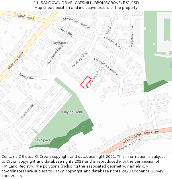 11, SANDOWN DRIVE, CATSHILL, BROMSGROVE, B61 0SD: Location map and indicative extent of plot