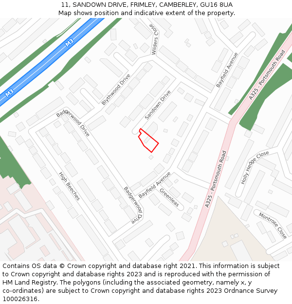 11, SANDOWN DRIVE, FRIMLEY, CAMBERLEY, GU16 8UA: Location map and indicative extent of plot