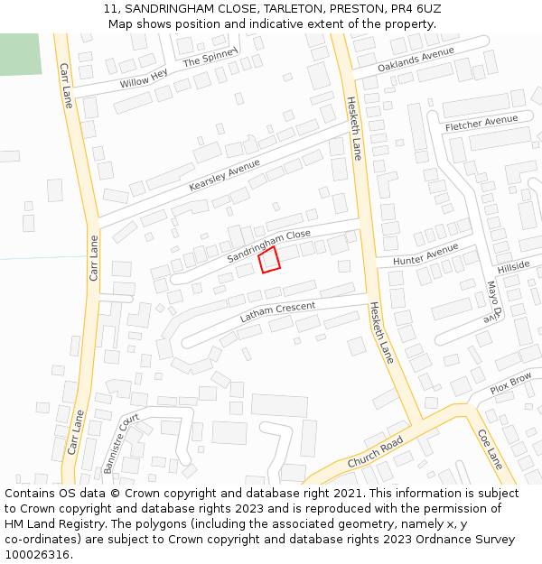 11, SANDRINGHAM CLOSE, TARLETON, PRESTON, PR4 6UZ: Location map and indicative extent of plot