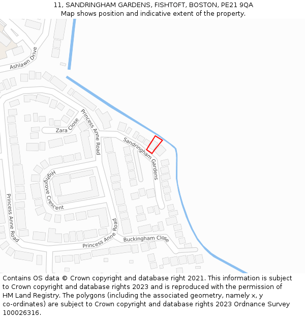 11, SANDRINGHAM GARDENS, FISHTOFT, BOSTON, PE21 9QA: Location map and indicative extent of plot