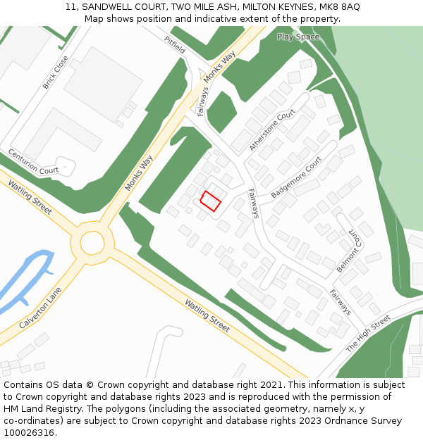 11, SANDWELL COURT, TWO MILE ASH, MILTON KEYNES, MK8 8AQ: Location map and indicative extent of plot