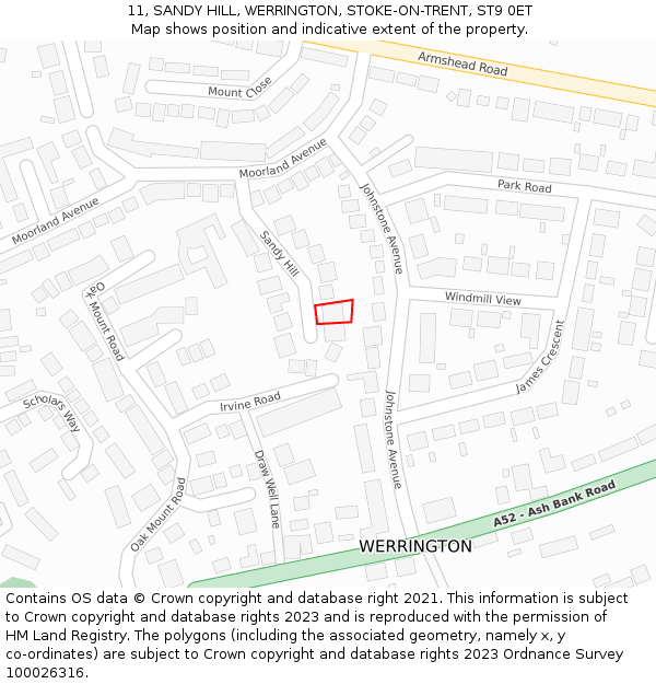 11, SANDY HILL, WERRINGTON, STOKE-ON-TRENT, ST9 0ET: Location map and indicative extent of plot