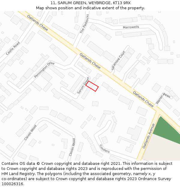 11, SARUM GREEN, WEYBRIDGE, KT13 9RX: Location map and indicative extent of plot