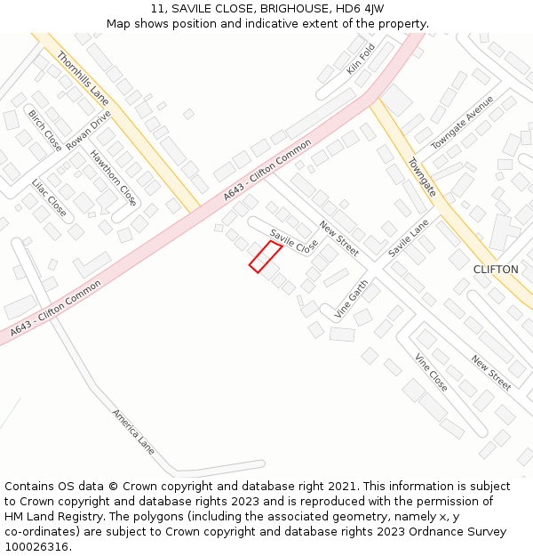 11, SAVILE CLOSE, BRIGHOUSE, HD6 4JW: Location map and indicative extent of plot