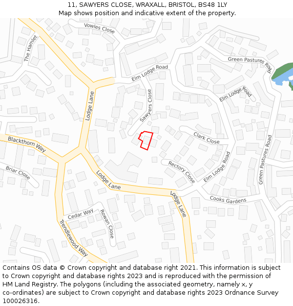 11, SAWYERS CLOSE, WRAXALL, BRISTOL, BS48 1LY: Location map and indicative extent of plot
