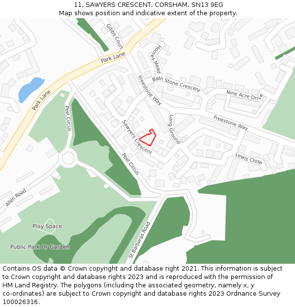 11, SAWYERS CRESCENT, CORSHAM, SN13 9EG: Location map and indicative extent of plot