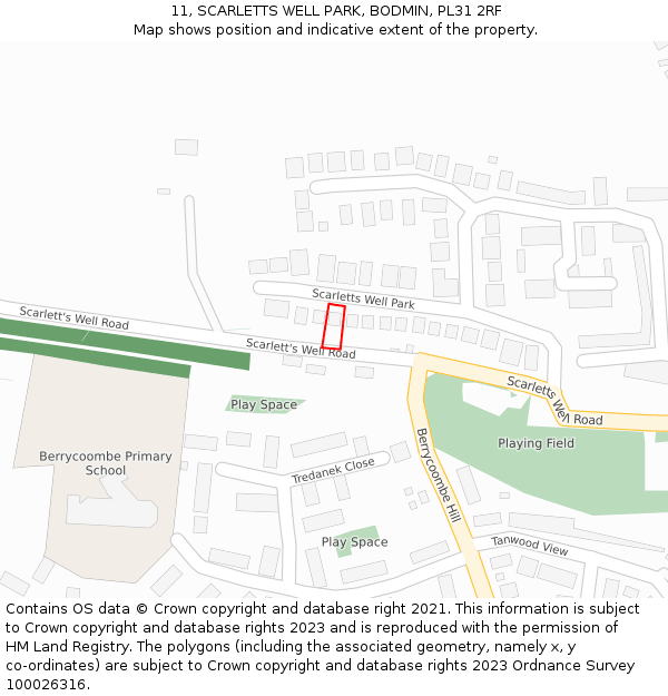 11, SCARLETTS WELL PARK, BODMIN, PL31 2RF: Location map and indicative extent of plot