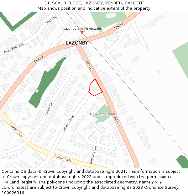 11, SCAUR CLOSE, LAZONBY, PENRITH, CA10 1BT: Location map and indicative extent of plot