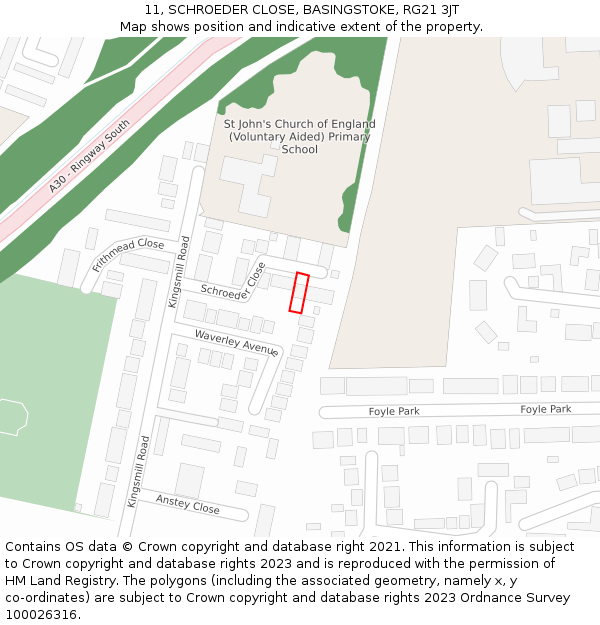 11, SCHROEDER CLOSE, BASINGSTOKE, RG21 3JT: Location map and indicative extent of plot