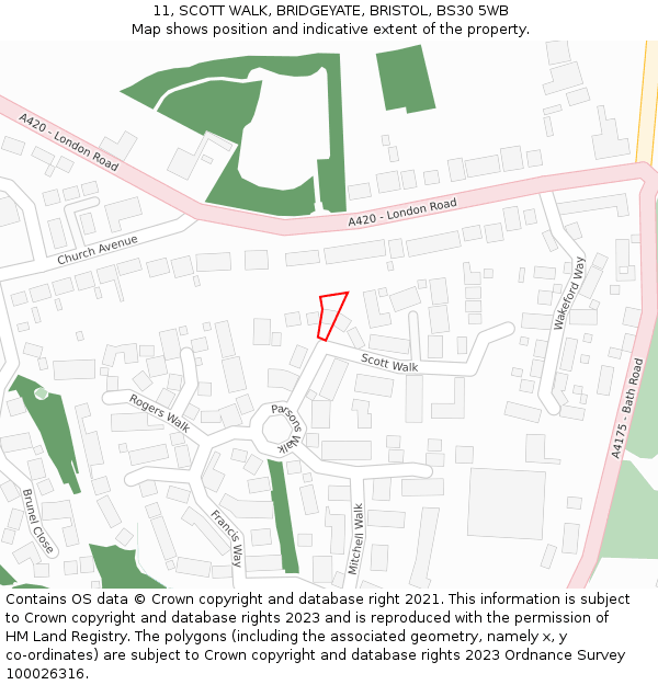 11, SCOTT WALK, BRIDGEYATE, BRISTOL, BS30 5WB: Location map and indicative extent of plot