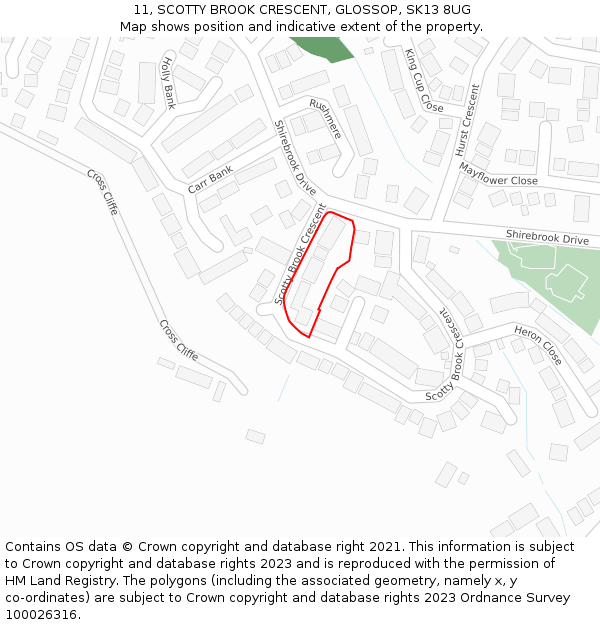 11, SCOTTY BROOK CRESCENT, GLOSSOP, SK13 8UG: Location map and indicative extent of plot
