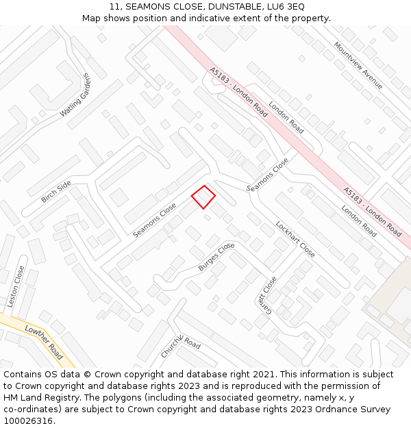 11, SEAMONS CLOSE, DUNSTABLE, LU6 3EQ: Location map and indicative extent of plot