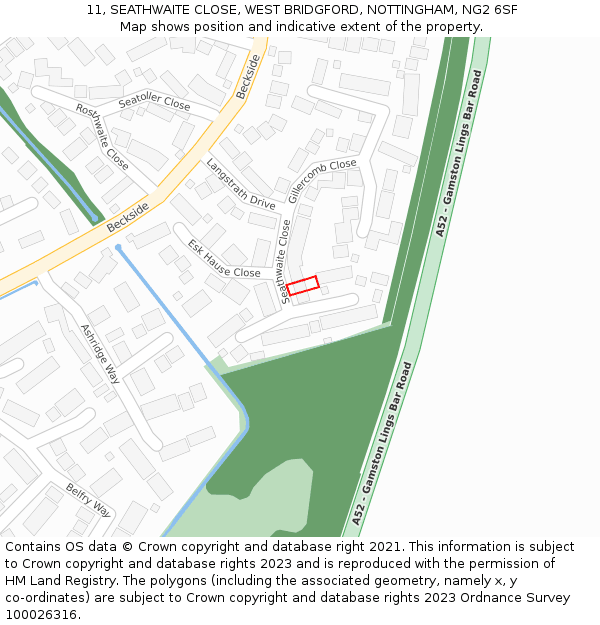 11, SEATHWAITE CLOSE, WEST BRIDGFORD, NOTTINGHAM, NG2 6SF: Location map and indicative extent of plot