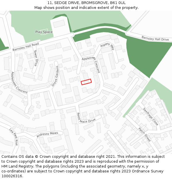 11, SEDGE DRIVE, BROMSGROVE, B61 0UL: Location map and indicative extent of plot