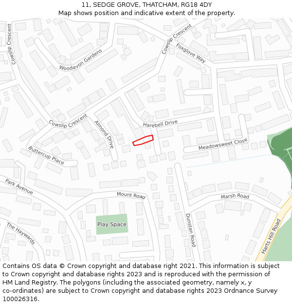 11, SEDGE GROVE, THATCHAM, RG18 4DY: Location map and indicative extent of plot