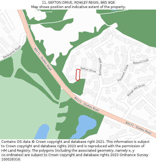 11, SEFTON DRIVE, ROWLEY REGIS, B65 8QE: Location map and indicative extent of plot