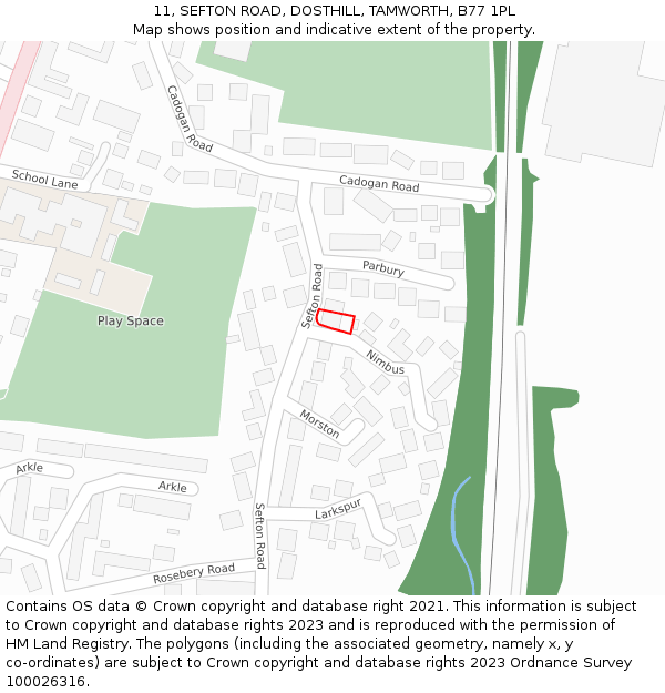 11, SEFTON ROAD, DOSTHILL, TAMWORTH, B77 1PL: Location map and indicative extent of plot
