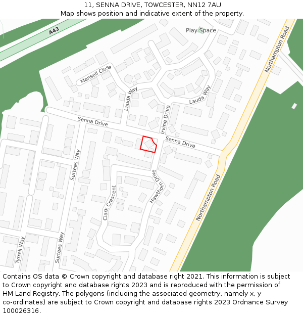 11, SENNA DRIVE, TOWCESTER, NN12 7AU: Location map and indicative extent of plot