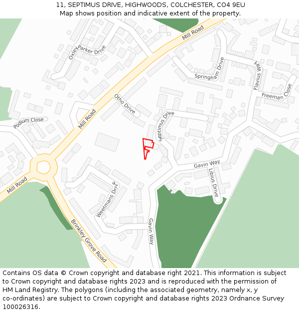 11, SEPTIMUS DRIVE, HIGHWOODS, COLCHESTER, CO4 9EU: Location map and indicative extent of plot