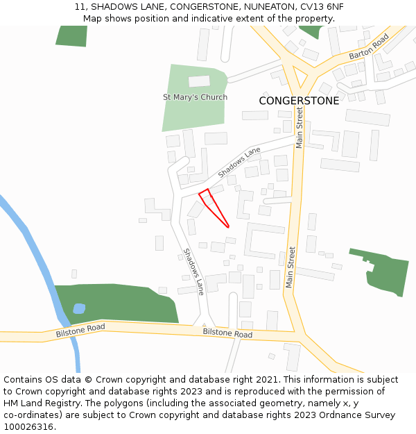 11, SHADOWS LANE, CONGERSTONE, NUNEATON, CV13 6NF: Location map and indicative extent of plot