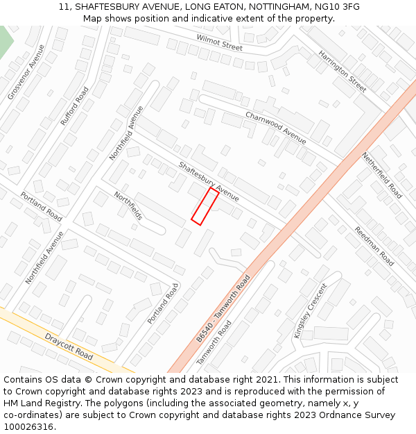 11, SHAFTESBURY AVENUE, LONG EATON, NOTTINGHAM, NG10 3FG: Location map and indicative extent of plot