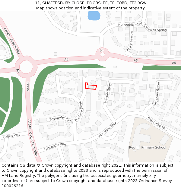 11, SHAFTESBURY CLOSE, PRIORSLEE, TELFORD, TF2 9GW: Location map and indicative extent of plot