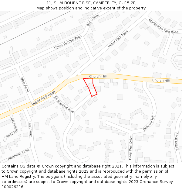 11, SHALBOURNE RISE, CAMBERLEY, GU15 2EJ: Location map and indicative extent of plot