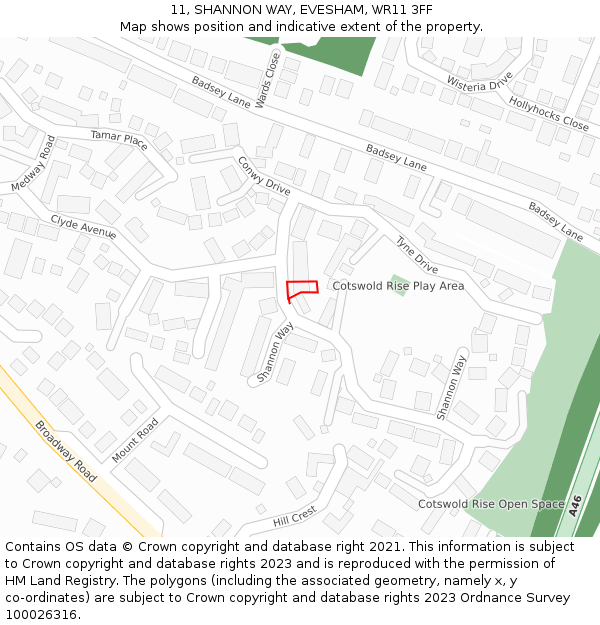 11, SHANNON WAY, EVESHAM, WR11 3FF: Location map and indicative extent of plot