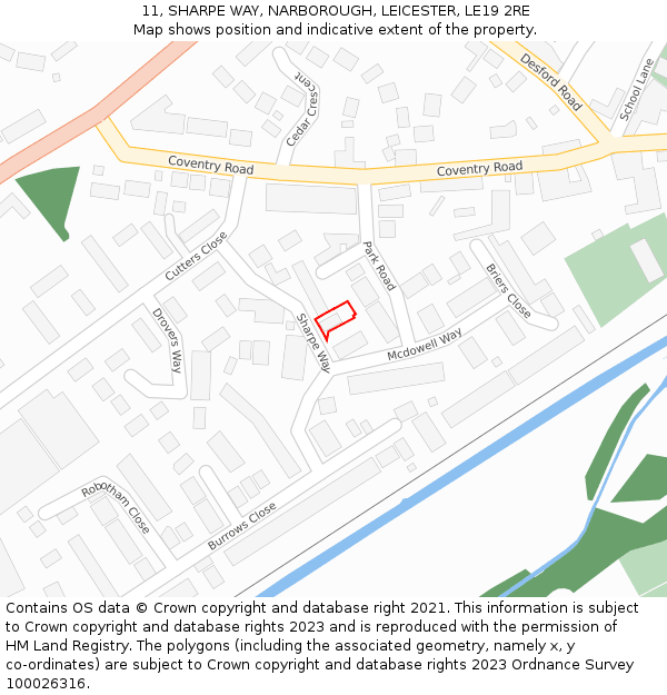 11, SHARPE WAY, NARBOROUGH, LEICESTER, LE19 2RE: Location map and indicative extent of plot
